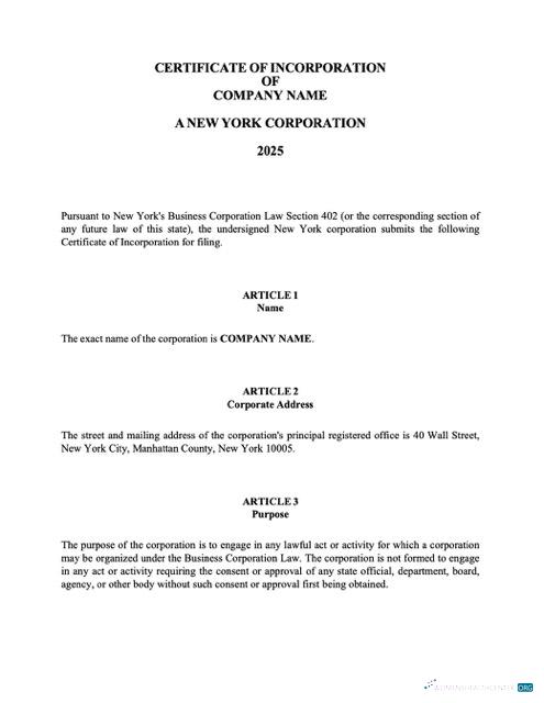 USA New York certificate of incorporation Word and PDF template, version 2